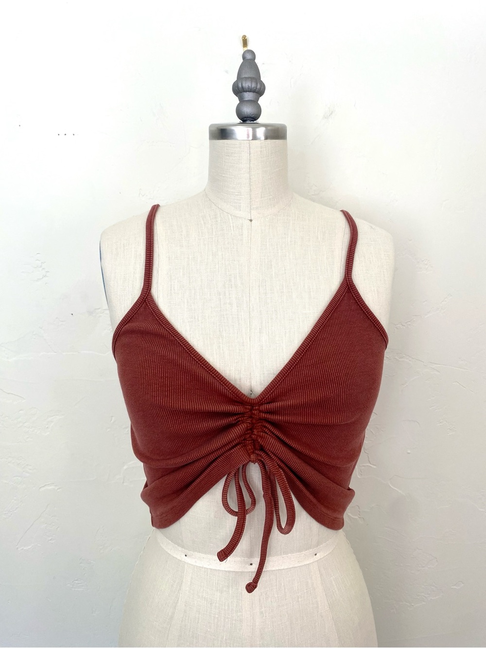 Zara Rust Ruched Ribbed Spaghetti Strap Crop Top - Picture 2 of 9